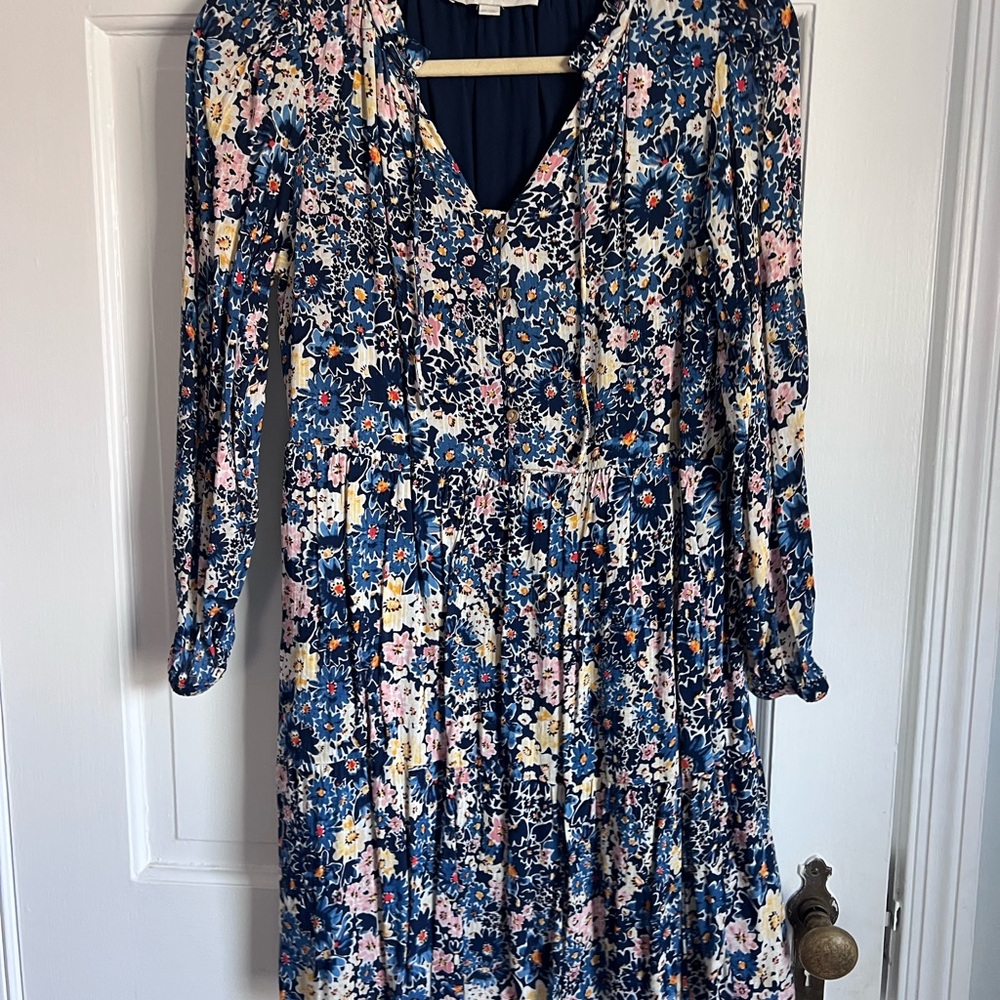 LOFT Blue Sundress with Bishop Sleeves and V-Neck